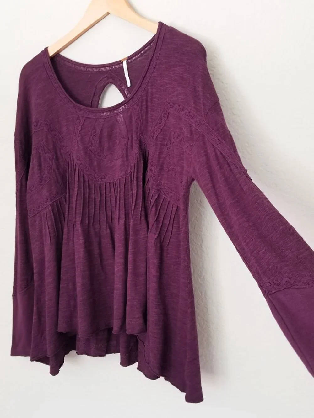 Free People New Hope Babydoll Long Sleeves Top S Eggplant Cutout Peasant Boho